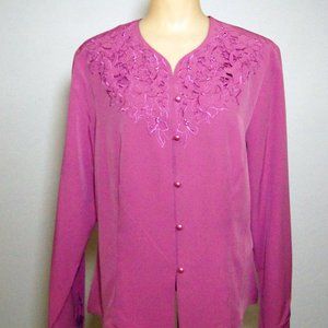 NEW Womens Pink blouse with fancy embroidery/lace design, Button down, Size 10